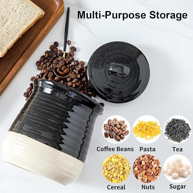 Ceramic Food Storage Jar,Coffee Canister for Countertop with Lids Airtight,Large Flour,Spices,Beans,Rice and Candies Containers for Kitchen and Home,Farmhouse Kitchen Decor,35 OZ Black