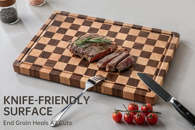 THETCHRY Cutting Boards for Kitchen, Checkered Cutting Board Upgraded, Acacia Wood Chopping Board with Juice Grooves & Handles, Large Butcher Block Serving Tray with Gift Box, 17"X12"X0.8"