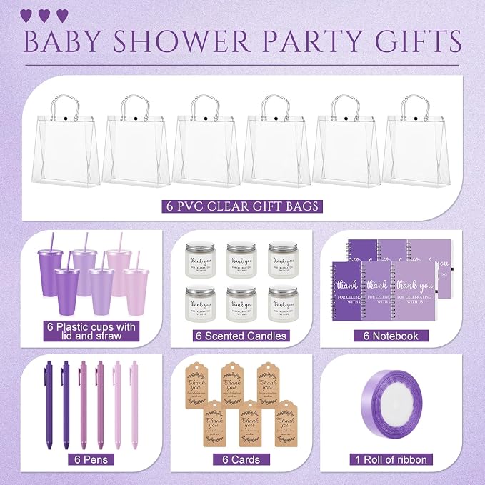 Nuogo 6 Sets New Parent Shower Prizes for Player Winners Adult, Wedding Bridal Shower Gift, Plastic Tumbler Notebook Scented Candle Ballpoint Pen Bag (Gradient Purple,Classic Style)