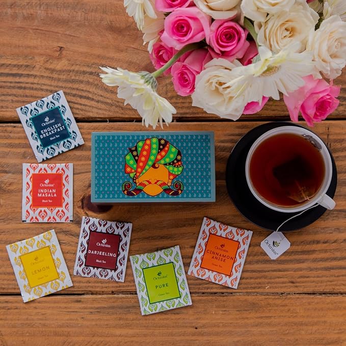 Octavius Urban Print Wooden Tea Sampler Box | Variety Pack Sampler | Perfect For Gifting & Thanksgiving - 6 Flavours & 30 Bags