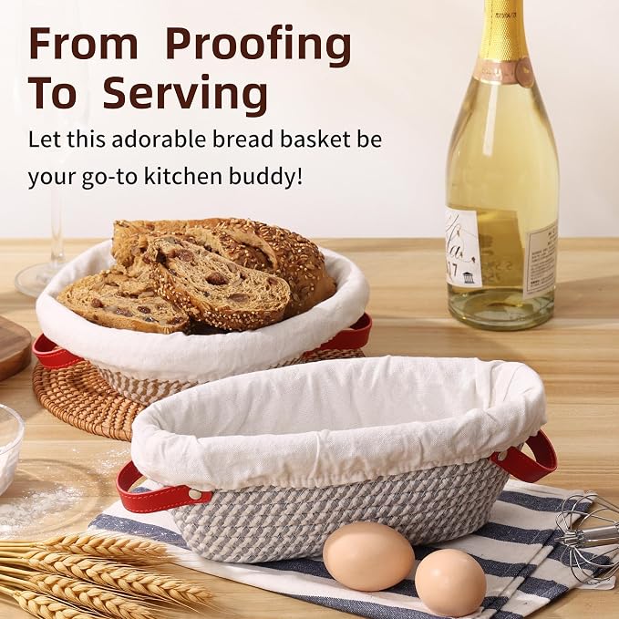 Banneton Bread Proofing Basket - Oval & Round Sourdough Bread Baskets Set - With Liner & Cloth Cover - For Bread Storage (Grey & Khaki Set) - Cotton Rope - Mother's Gifts