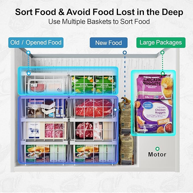 iSPECLE 2 Pack Freezer Organizer Bins - Fit 10 to 20 Cu.Ft Deep Freezer, Expandable Wire Storage Chest Freezer Baskets for Frozen Food, Stackable with Handles, White