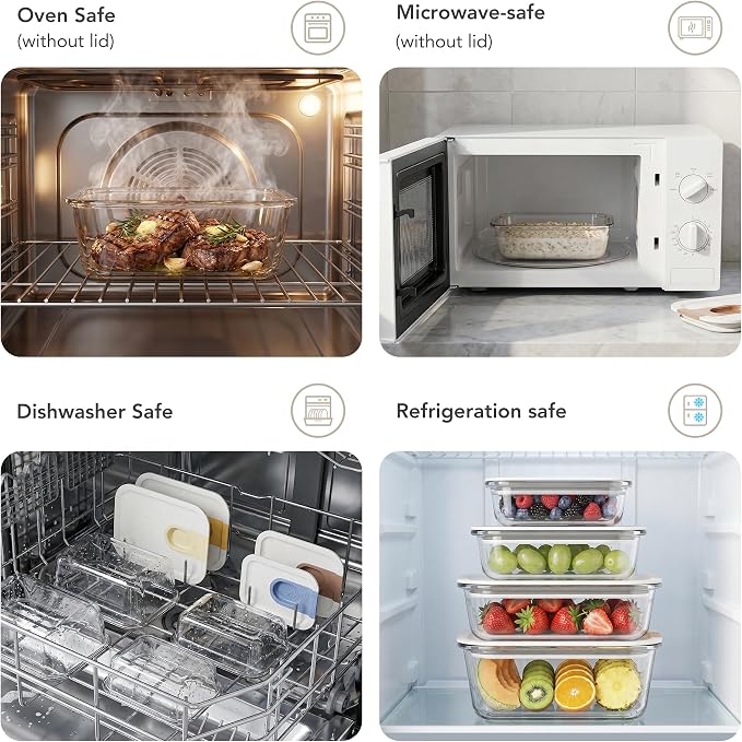 GENICOOK Glass Fruit Storage Containers for Fridge, 4 Pack Borosilicate Glass Food Storage Containers with One-Hand Slide Lid, Airtight Produce Containers, Stackable Fridge Organizer, BPA Free