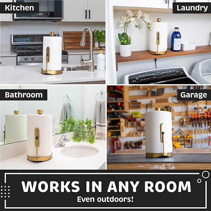 Stainless Steel Tension Arm Paper Towel Holder - Easy One-Handed Operation - This Sturdy Weighted Paper Towel Dispenser Countertop Model Has Suction Cups and Holds All Paper Towel Rolls (Gold)