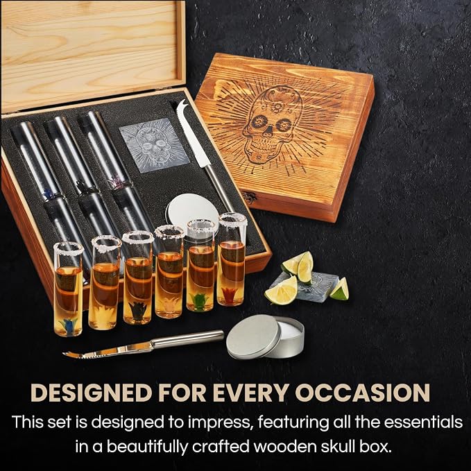 Tequila Gift Box Shot Glass & Salt Gift Set for Men & Women | Six Agave Shot Glasses, Knife For Limes, One Skull Coaster, One Salt Tin | Skeleton Sugar Skull Wooden Box Wood Package For Tequila Lovers