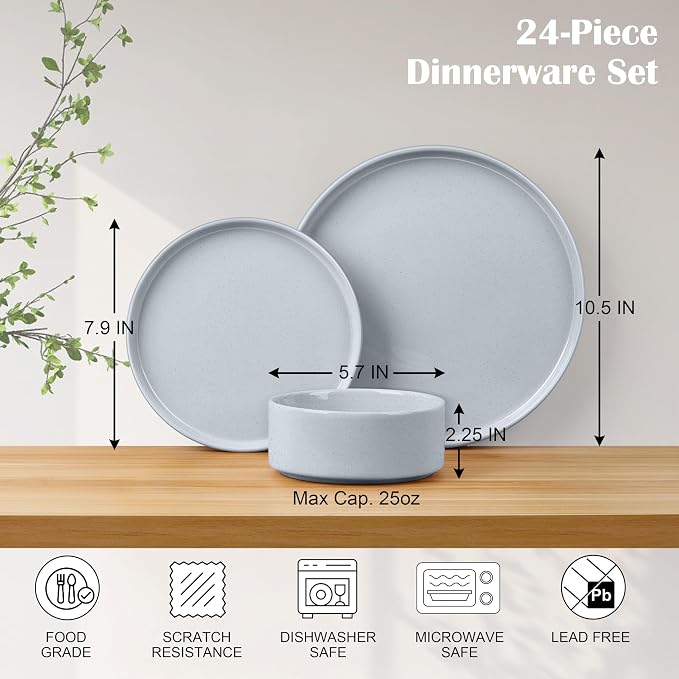 E-far Dinnerware Sets for 8, 24-Piece Stoneware Plates and Bowls Dish Set, Modern Kitchen Dinning Dishware, Chip and Scratch Resistant, Microwave & Dishwasher Safe, Speckled Gray