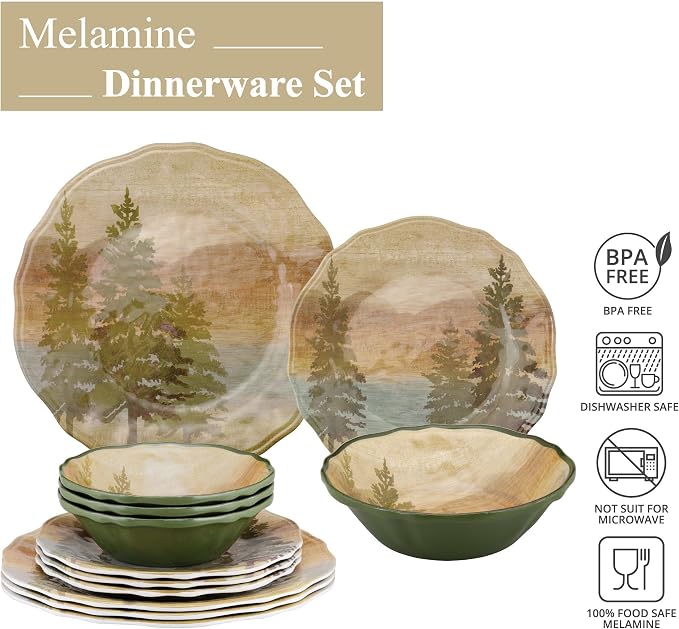 UPware 12 Piece Lakeside Pine Melamine Dinnerware Sets, Outdoor Dishes Set, Plates and Bowls Sets, Service for 4, Beige