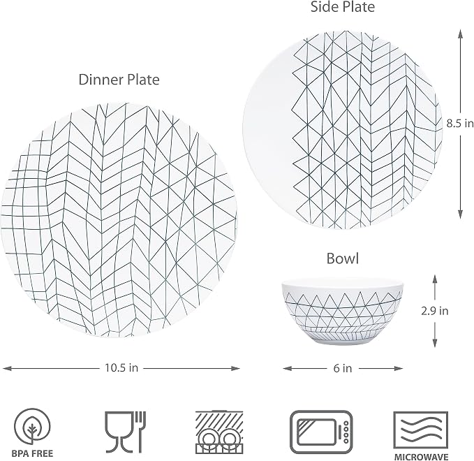 BZYOO 12 Piece Ceramic Dinnerware Set Modern Contemporary Design Plates and Bowls for Dining Glossy White Stoneware Dishes Set Microwave And Dishwasher Safe (Spidy Collection)