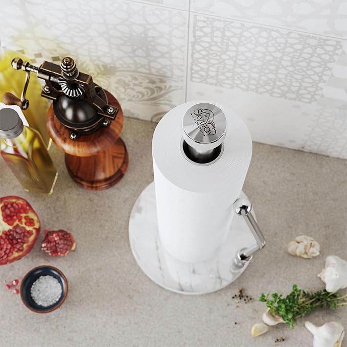 Paper Towel Holder with Marble Base – Weighted Countertop Stand, One-Hand Tear, Stainless Steel Rod, Natural Stone Base, Available in Gray & White Marble
