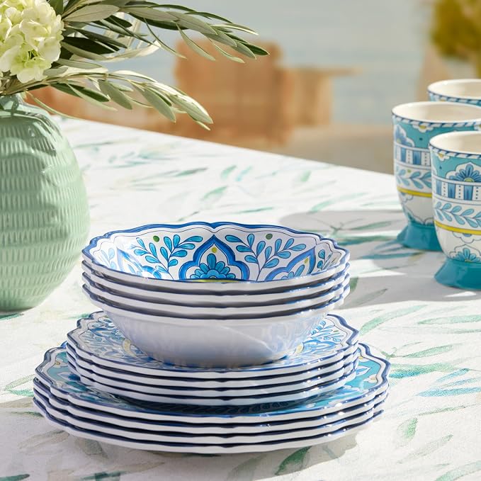 Porto 12 Pc. MELAMINE DINNERWARE SET, SERVICE for 4 – artistically designed Talavera Tile Art, Turquoise Blue Yellow Mandala