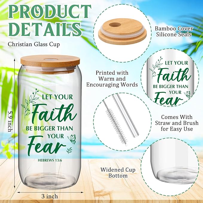 Skylety 12 Set Fathers Day Christian Gifts for Church Bulk 16 oz Inspirational Bible Verse Glass Cups Religious Tumblers with Lids Straw Journal Pens for Vacation Bible School Teacher