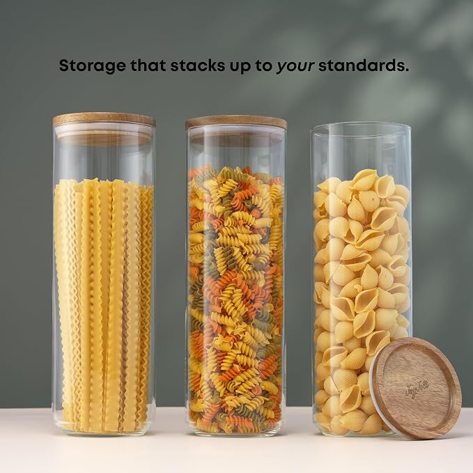 JoyJolt Holden 72oz Stackable Glass Storage Containers with Lids, Large Kitchen Food Storage Canisters with Acacia Wood Lids, Airtight Canister Set of 3 for Pasta Sugar Flour, Pantry Organization