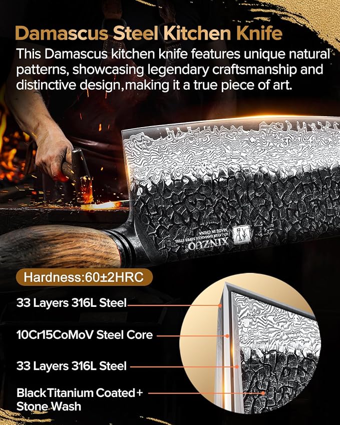 XINZUO 7.3 Inch Vegetable Cleaver Knife,10Cr15Comov Steel Core Forged Damascus Steel,Sharp Slicing Knife For Home Kitchen And Restaurant,Ergonomic White Oak + Red G10 Gasket Handle