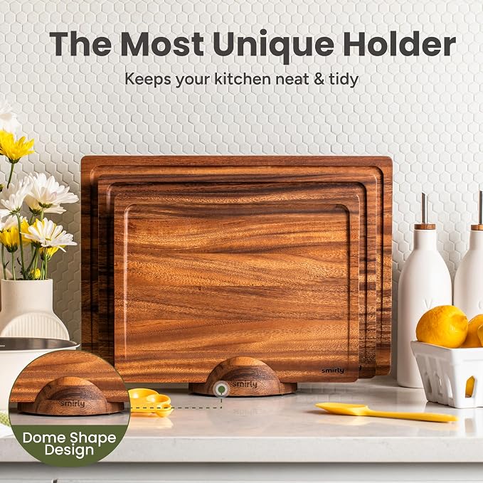 SMIRLY Walnut Cutting Board for Kitchen - Wood Cutting Boards with Handle and Juice Groove for Meal Prep, Serving, Charcuterie - Kitchen Gadgets - Non Toxic Wooden Chopping Board Set of 3 with Holder