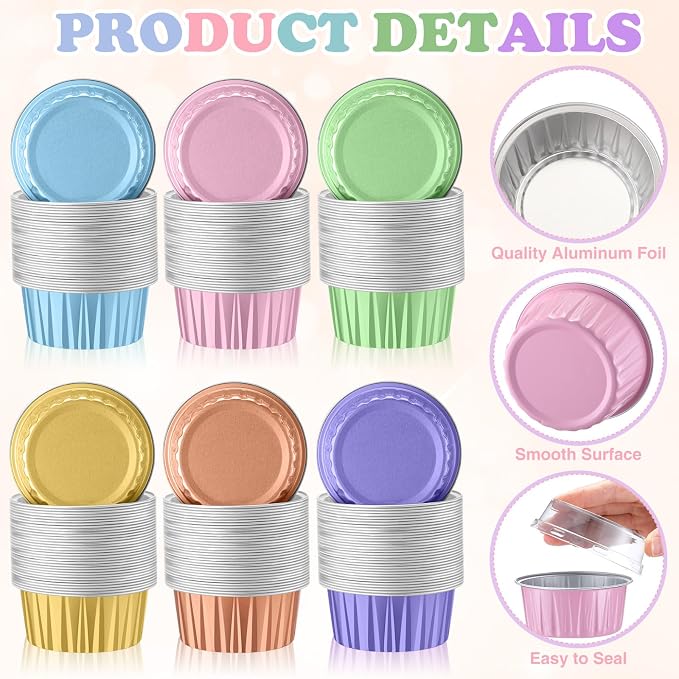 Gejoy 400 Pcs Aluminum Foil Baking Cups with Lids 5 oz Disposable Ramekins Mini Cake Pans Creme Brulee Cupcake Liners Muffin Tins Flan Mold Dessert Container for Wedding (Light Color,Classic)