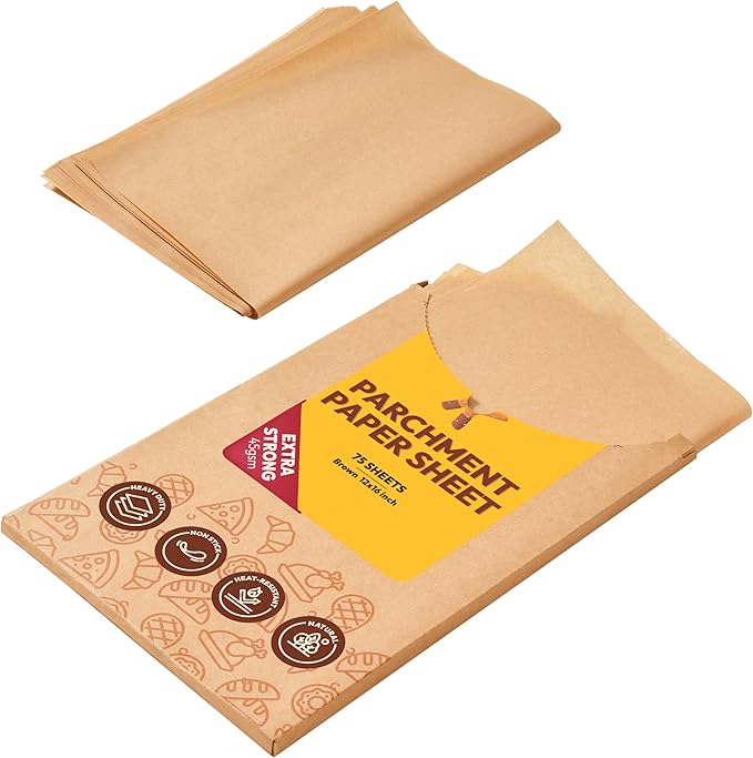 Katbite 75Pcs Unbleached Parchment Paper Sheets 12x16IN, Pre-Cut Heavy Duty Parchment Baking Paper, Non-Stick Half Sheet Brown Baking Parchment Paper for Air Fryer, Baking Cookie [Extra Strong Series]