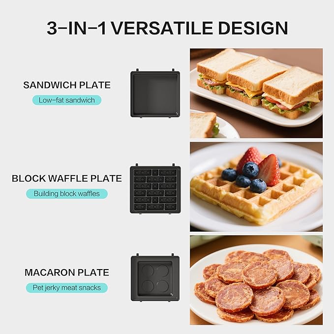 CANDY 3-in-1 Waffle Maker Panini Press, Grilled Sandwich Maker with Removable Plates, Compact & Portable Mini Toaster, Fast Double Heating, Unique Block-Style Design, Great for Breakfast or Snacks
