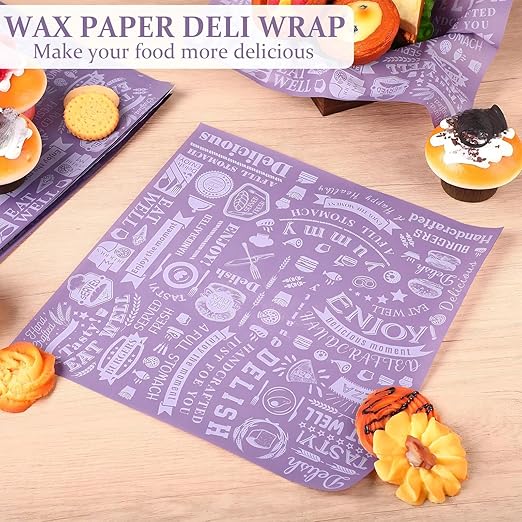 Outus 600 Pcs 12 x 12 Inch Deli Wax Paper Sheets Grease Resistant Tray Basket Liners Newsprint Paper Water and Grease Proof Sandwich Wrapping Square Hot Dog Wrappers for Food Baking (Dark Purple)