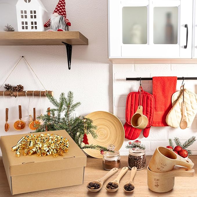 Reallnaive 14 Pcs Christmas Wooden Baking Gift Set - Wooden Measuring Cups and Spoons, Baking Towel, Greeting Card, Self-adhesive Curly Bows for Women, Dry Measuring Ingredient Christmas Kitchen Gift
