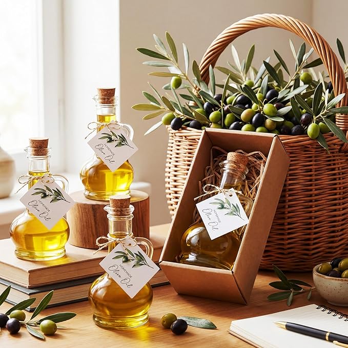 Vesici 20 Set Olive Oil Bottle with Stopper Mini Glass Oil Cruet Dispenser with Label Vinegar Bottle with Spout for Kitchen Salad Dressing Syrup Container for Wedding Baby Shower Favors(8.5 oz 2)