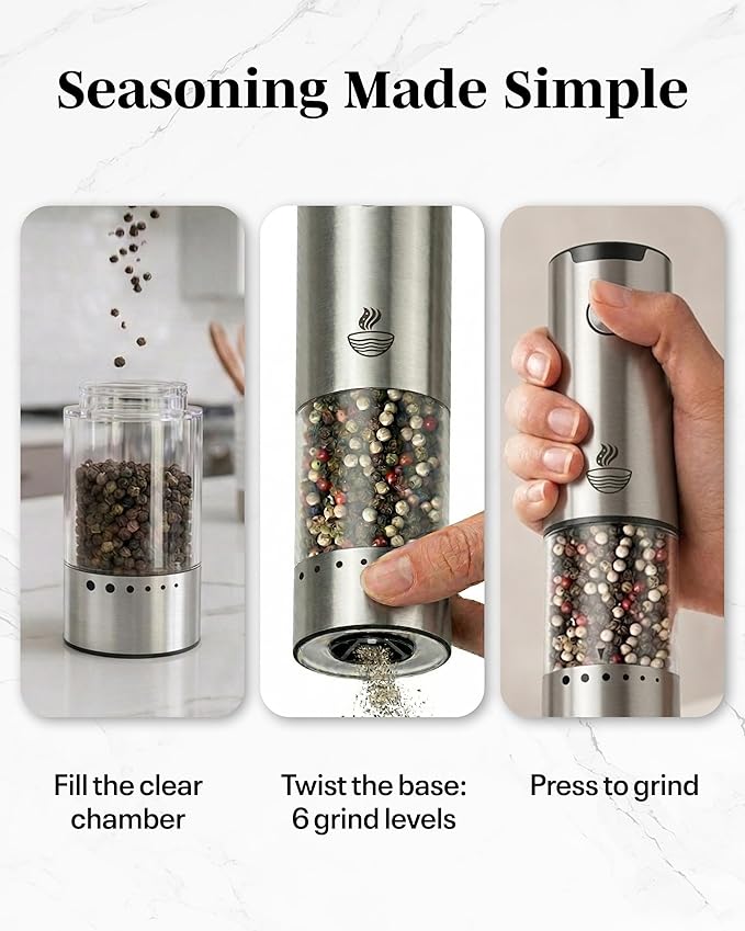 Electric Salt and Pepper Grinder Set - Silver 2 Pack Battery Operated Mills with 95ml Large Capacity, Adjustable Coarseness, Built-in LED Light, Automatic Salt & Pepper Shakers for Kitchen