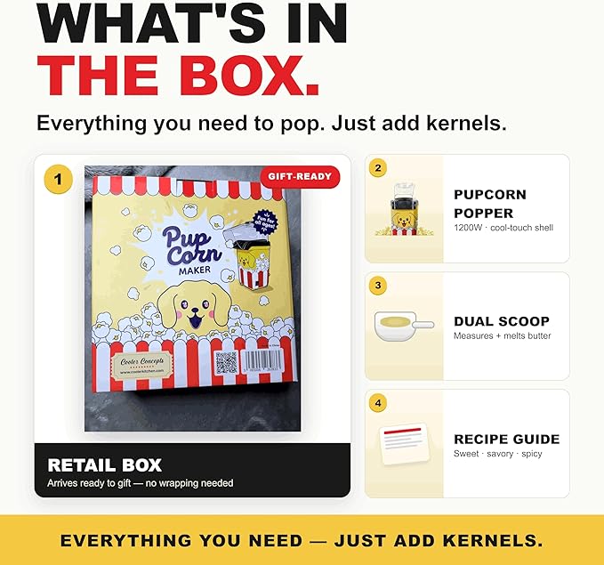 Fun Popcorn Machine Air Popper – Hot Popcorn Maker Air Popper Electric with Butter Melting Tray – Mini Electric Maker - Dog Mom Gifts for Women, Home, Kids Movie Night - Oil Free Snacks
