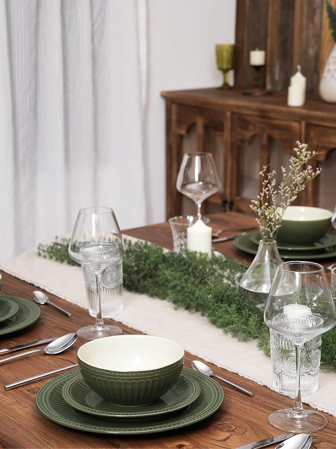 Famiware Garden 12-Piece Embossed Plates and Bowls Sets, Stoneware Reactive Glaze Dishes Dinnerware Set, Modern Rustic, Chip & Scratch Resistant, Microwave & Dishwasher Safe, Service for 4, Dark Green