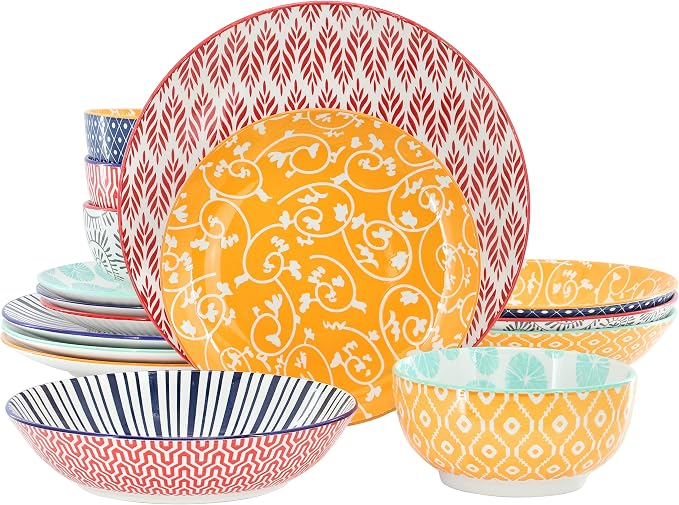 Elama Giovanna 16 Piece Assorted Design Porcelain Multi-Color Graphic Double Bowl Dinnerware Set, Tableware, Serveware, Dinnerware Set, Bowl Set (16 Piece)