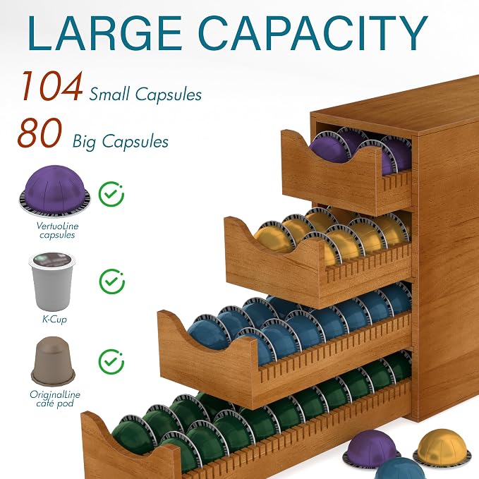 Suli Coffee Pod Holder, Coffee Capsule Storage Organizer, Save Space Coffee Pod Organizer for Countertop, Extra Large Storage Rack with Drawer, 4 Tier,104 Pods,Wood,Brown