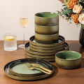 GBHOME 12-Piece Stoneware Dinnerware Set for 4 – Ribbed Ceramic Plates and Bowls, Scratch-Resistant, Microwave & Dishwasher Safe, Reactive Glaze, Rustic Green Gradient