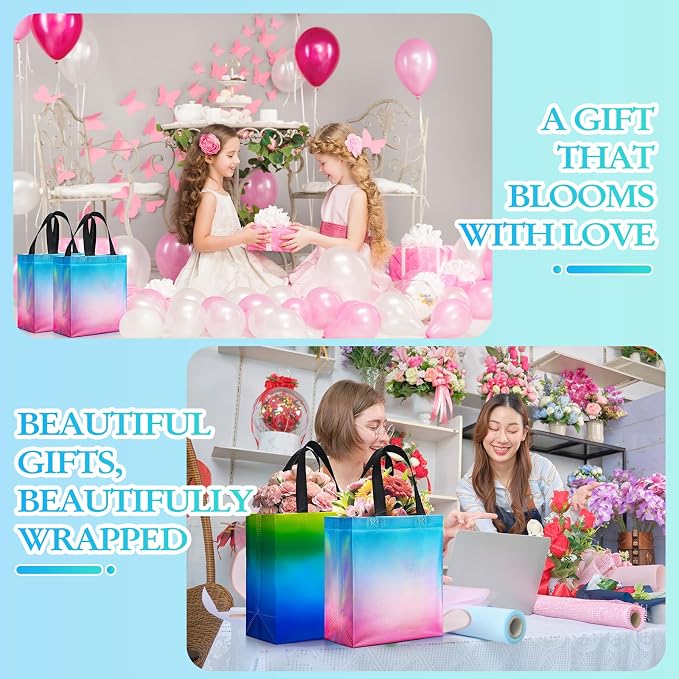 Eccliy Reusable Gift Bags Set Glossy Grocery Gift Tote Bag with Handle for Wedding, Bridal Shower, 4th of July, Summer Event(10 x 8 x 4.7 Inch,Gradient Color,80 Pcs)