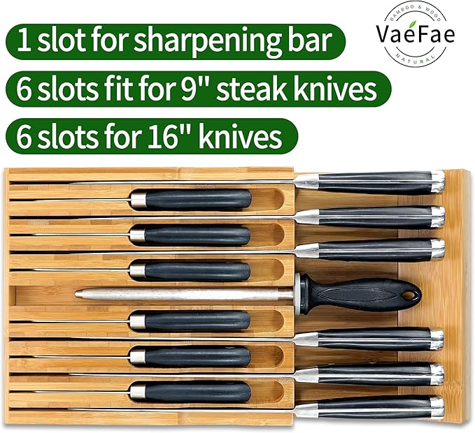 VaeFae Bamboo Silverware Drawer Organizer and Bamboo Knife Drawer Organizer Insert Bundle