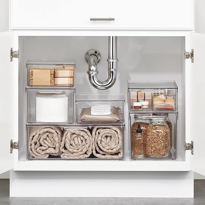 mDesign Plastic Stackable Bathroom Storage Organizer Bin with Pull Out Drawer for Cabinet, Vanity, Shelf, Cupboard, Cabinet, or Closet Organization - Lumiere Collection - 4 Pack - Clear