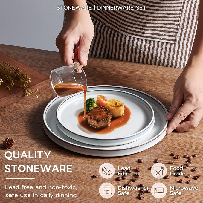 Onader Dinnerware Dishes Sets for 8, Stoneware Plates and Bowls with Unglazed Terracotta Bottom, Ceramic Kitchen Dinner Dish Set, 24 Piece - Glacier White