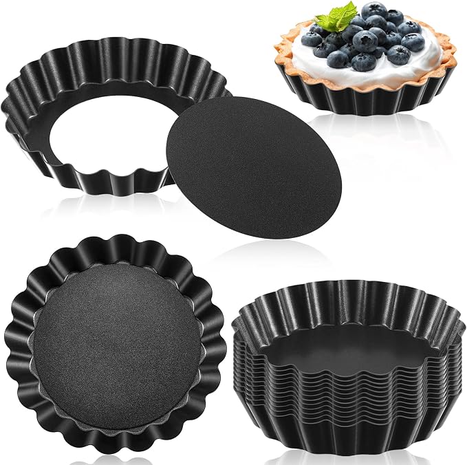 Tessco for you 16 Pcs Mini Tart Pans for Baking, 5 Inch Quiche Pans with Removable Bottom, Nonstick Egg Tartlets Molds Fluted Side Bakeware for Pie Fruit Tart Cheesecake Dessert (Black Round)