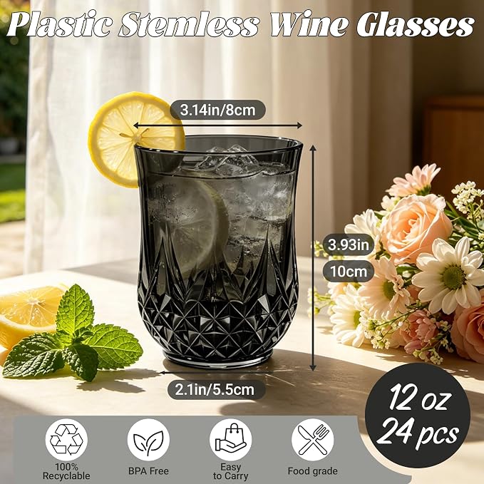 24 Pack Plastic Stemless Wine Glasses,12oz Unbreakable Vintage Elegant Drinking Glass Set,Reusable Fancy Cocktail Cups for Party, Wedding, and Bulk Events (24, 12oz-Black)