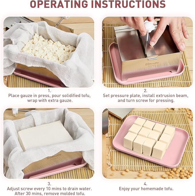 Tofu Press Stainless Steel, Paneer Maker with Tofu Press Cloth and Drip Tray, Improves Tofu Flavor and Texture, for Homemade Tofu, Paneer Press and Cheese Press, Multi-Functional Kitchen Tool（Pink）