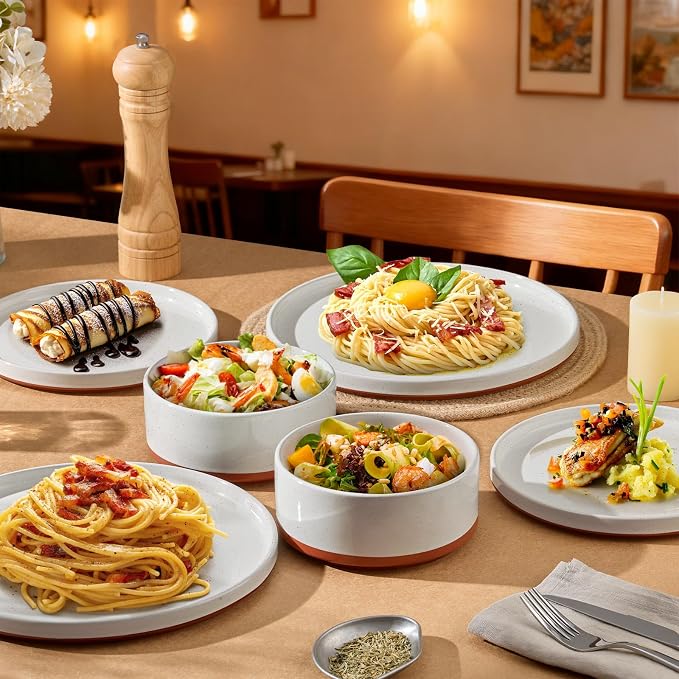 LIANYU Stoneware Dinnerware Sets Service for 6, 18 PCS Plates and Bowls Sets, Handmade Ceramic Dish Set, Highly Chip and Crack Resistant Modern Plate Set, Cloud White