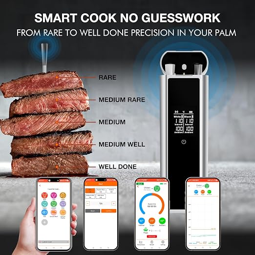 Bluetooth Meat Thermometer Wireless with Dual Probes, 650ft Long Range Smart App Controlled Food Thermometer for Grill, Smoker & Oven, Rechargeable IP67 Waterproof