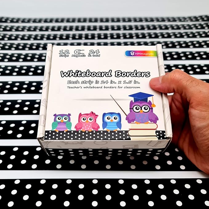 Strong & Wide Magnetic Borders for Classroom Whiteboard - Visible Magnetic Strips for Teachers (4 Designs Available) | Straight Polka Dot - Black | 12 Strips of 24X1.5 Inch - 24 Feet Total