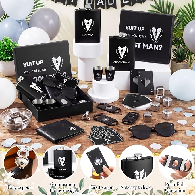 Mimorou 66 Pcs Groomsmen Proposal Gifts - Shot Glasses, Stainless Steel Ice, Flask, Funnel, Gift Boxes, Sunglasses, Knives, Bottle Opener, Cards, Wallets for Wedding Groomsmen Present Set (Retro)