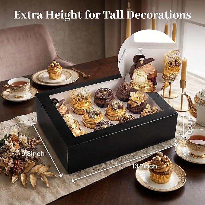 VGOODALL 12 Count Cupcake Boxes, 6PCS Cupcake Containers with Window Black Pastry Boxes for Birthday Holiday Party Bakery Supplies