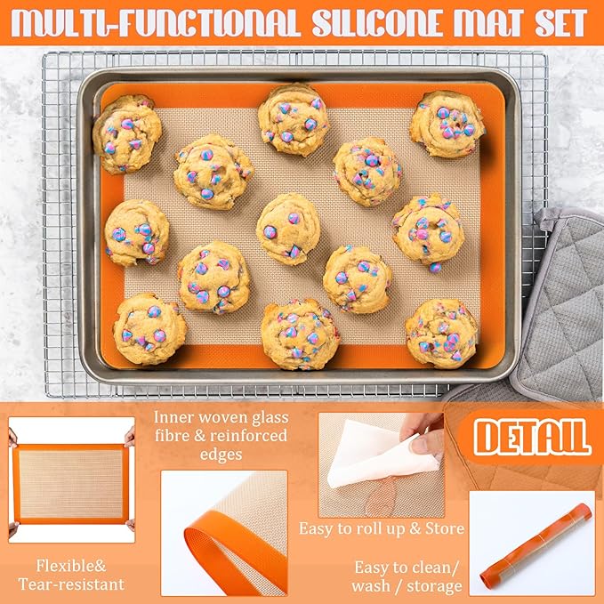 Nuanchu 8 Pieces Silicone Baking Mat Non-stick Silicone Baking Half Sheet 16.5'' x 11.6'' Silicones Cookie Sheet Easy Clean Oven Cookie Liner for Oven Making, Macaroon, Bread Pastry (Orange)