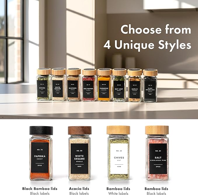 EDELHAUS® Square Spice Jars with Bamboo Wooden Lid (Pack of 24) Spice Jars with Shaker Insert and 240 Labels - Bamboo Lid Glass Container for Spice Organisation [4.3 in × 1.8 in]