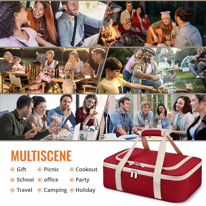 Insulated Casserole Carrier - Portable Casserole Carrier for Hot or Cold Food, Lasagna Holder for Parties,Picnic,Cookouts,Traveling - Fits 9" x 13" Baking Dish (Red)