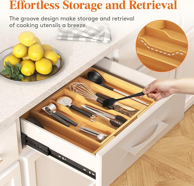 Lifewit Silverware Organizer for Kitchen Drawers, Expandable Cooking Utensil Tray, Adjustable Cutlery and Flatware Holder, Plastic Spoon Forks Holder Storage Divider, Large