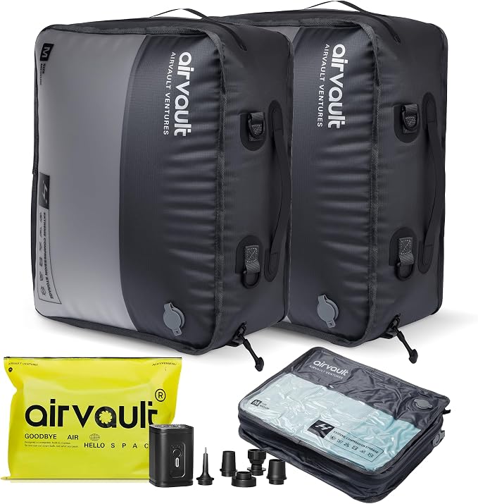 AirVault Reusable Vacuum Compression Travel Bag for Carry-On Suitcase and Backpack, Recycled IPX8 Waterproof Space Saver Vacpack (18L (21L (2-Pack))