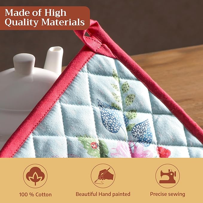 Maison d' Hermine Pot Holders 100% Cotton Heat Resistant Potholders 8" x 8" Hot Pads with Loop BBQ Cooking Gifts for Mothers Day Handling Hot Pans Spring/Summer (Pack of 2, Jardin D'Ete - Mint)