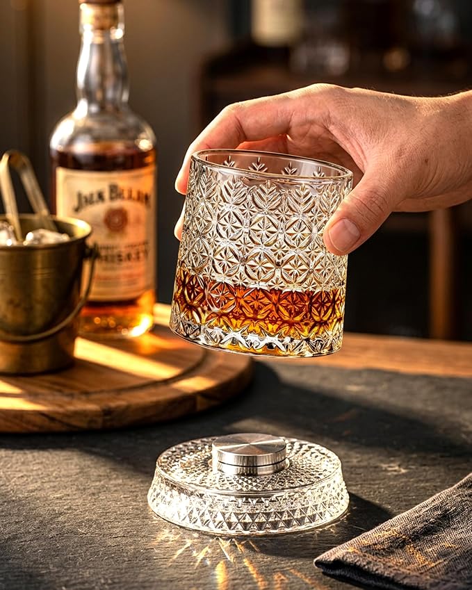CEEFU Old Fashioned Whiskey Glasses with 360° Rotating Base, Set of 4 (4 Crystal Glasses Set, 4 Big Ice Ball Molds) In Gift Box - Bourbon, Cocktail, Rocks, Bday Gifts Ideas for Men, Snowflake Pattern