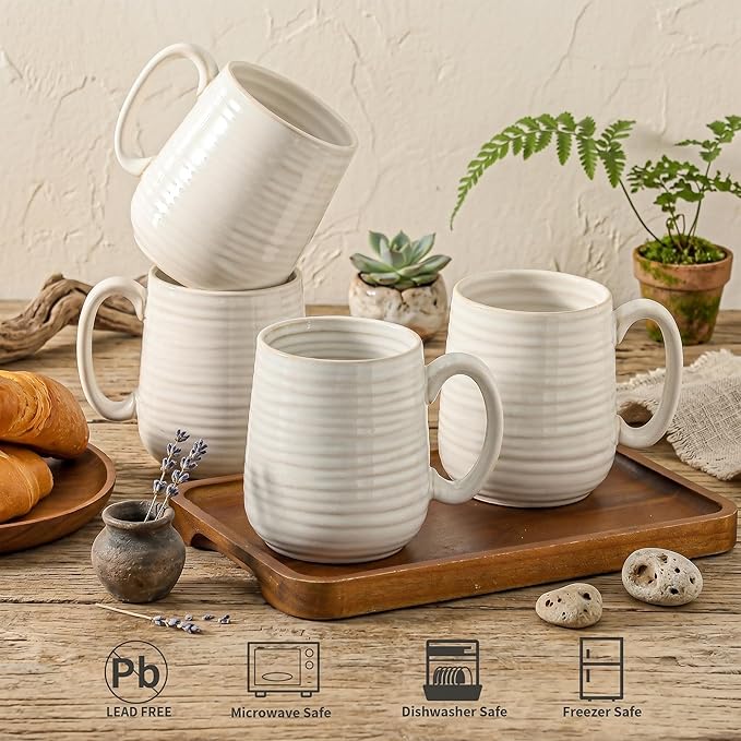 Coffee Mugs, 15 Ounce Coffee Cups Set of 6, Ceramic Tea Cups for Latte Milk Cappuccino Cocoa Mocha, Creamy White Mugs with Handle for Mom and Dad as Gifts, Dishwasher & Microwave Safe